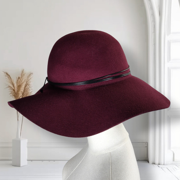 Anthropologie Burgundy Wool Felt Wide Brim Floppy Hat Cottagecore Romantic Boho